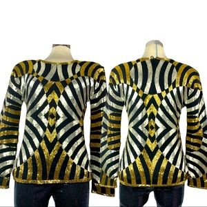 Vintage Luxury Unic Embellish Beads Beautiful Black & gold Sweater size M